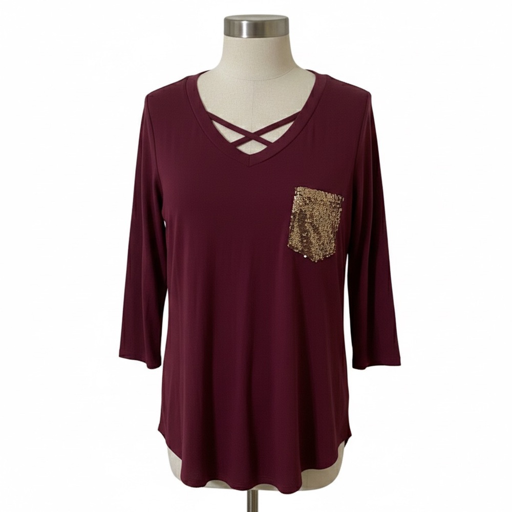 HEIMISH USA Burgundy Long Sleeve with Gold Pocket Brand New